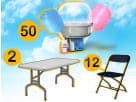 2 rectangular tables 12 chairs and a cotton candy machine.