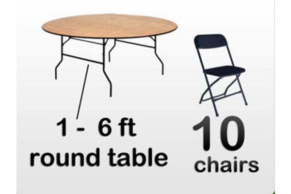 1 6ft Adult Round Table, 10 Black Chairs