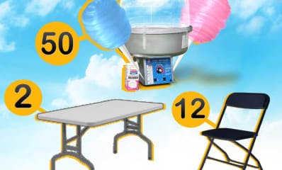2 rectangular tables 12 chairs and a cotton candy machine.