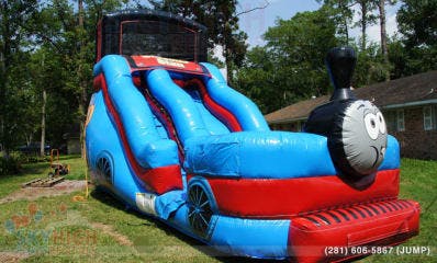 Train inflatable blue slide