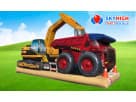 Construction-themed obstacle course rental in Houston with yellow excavator and red dump truck, ideal for The Woodlands