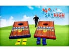 Giant cornhole game rental in Houston features New York Giants branding, ideal for Pearland parties.