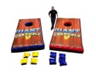 5-foot wide giant cornhole rental in Houston with blue and red boards, perfect for Cypress team building events.