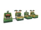 Tropical luau carnival game station rental in Austin with four inflatable game units including basketball hoop and tee-ball