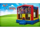 13x13 Marvel Avengers bounce house rental in Houston with red and yellow graphics, perfect for Sugar Land superhero parties.