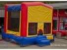 Red and yellow 15x15 bounce house rental in Houston with blue bumpers, ideal for Pearland children's parties ages 3 and up.