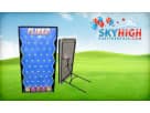Blue Plinko carnival game rental in Houston with yellow base, ideal for outdoor parties in Katy.
